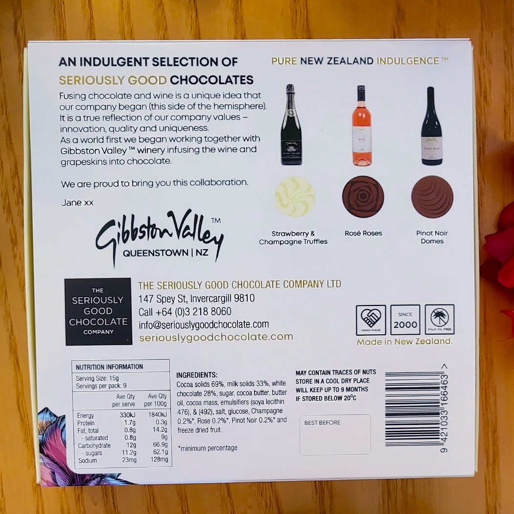 Back of a Box of The Seriously Good Chocolate Company 9 Piece Indulgent Artisan Chocolates Botanica Collection Handmade in Southland NZ showing product/nutritional information May contain traces of nuts