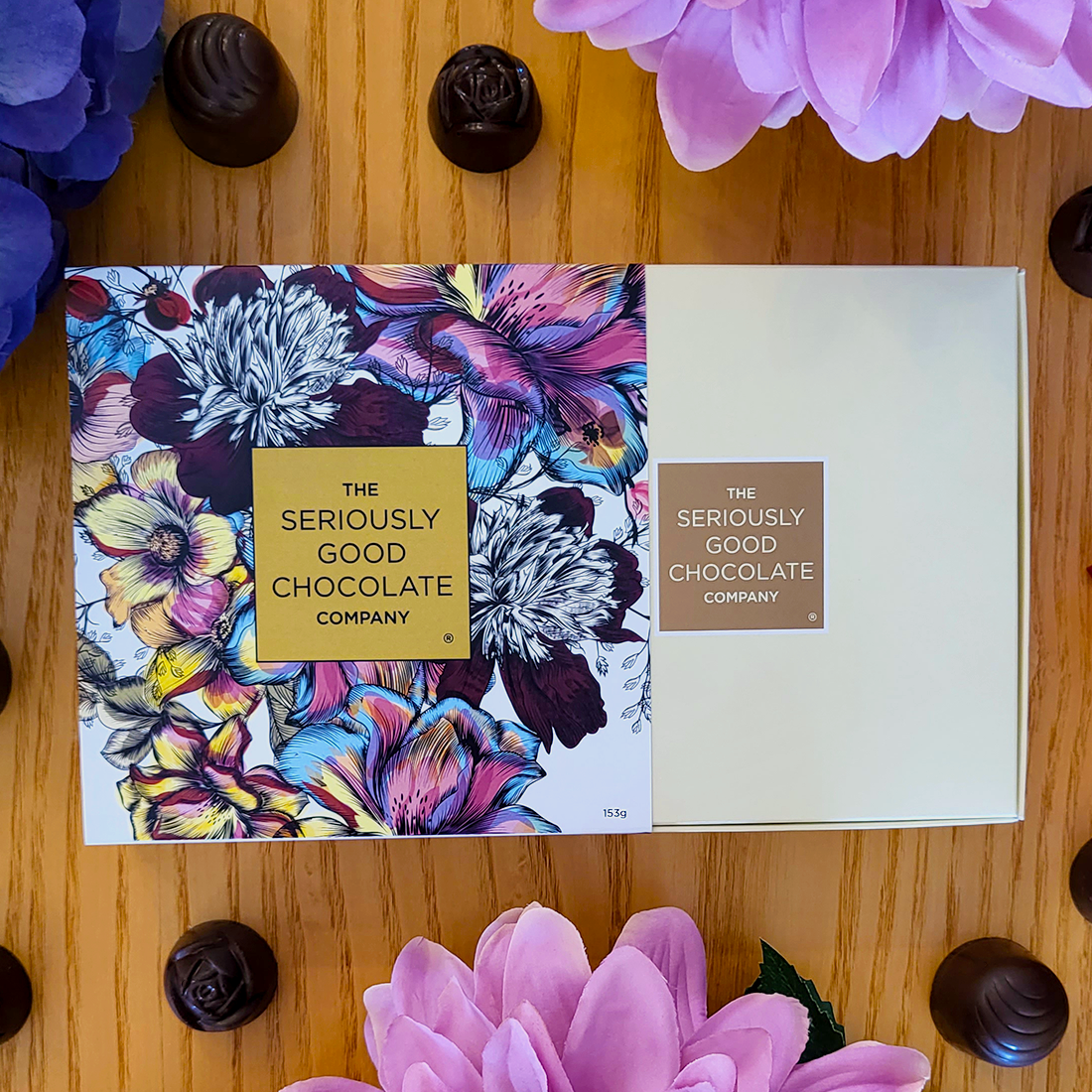 Closed Box of The Seriously Good Chocolate Company 9 Piece Indulgent Artisan Chocolates Botanica Collection Handmade in Southland NZ decorated with blue & pink flowers plus chocolates