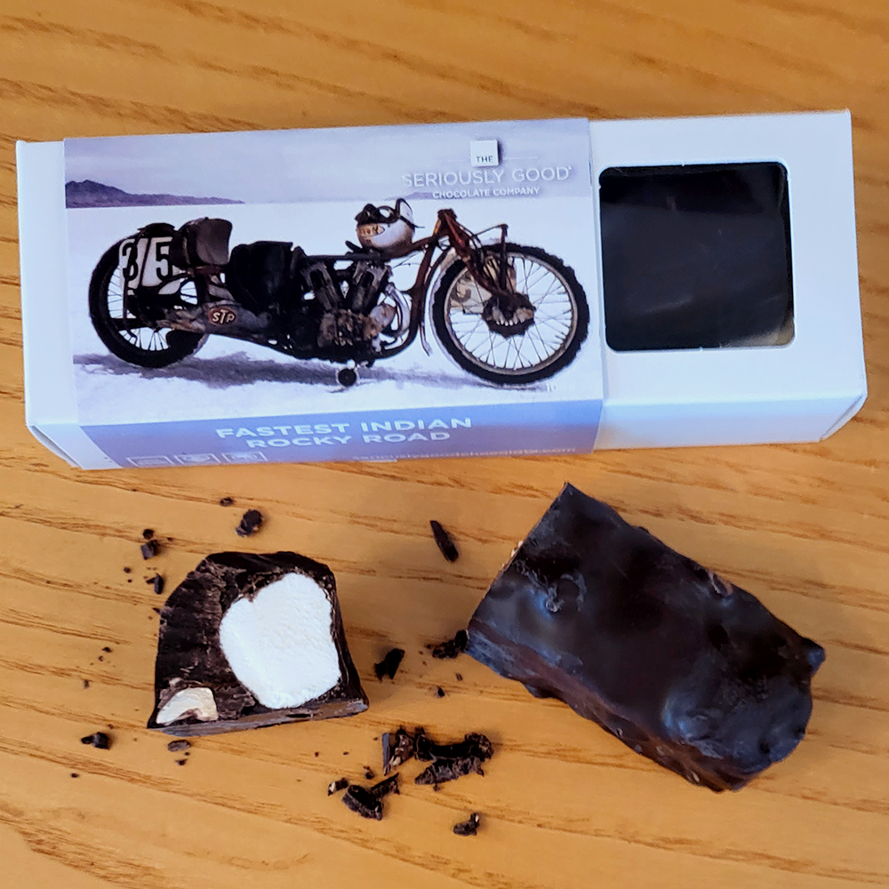 The Seriously Good Chocolate Company Dark Chocolate Rocky Road Box and Log Bar Burt Munro Edition Black