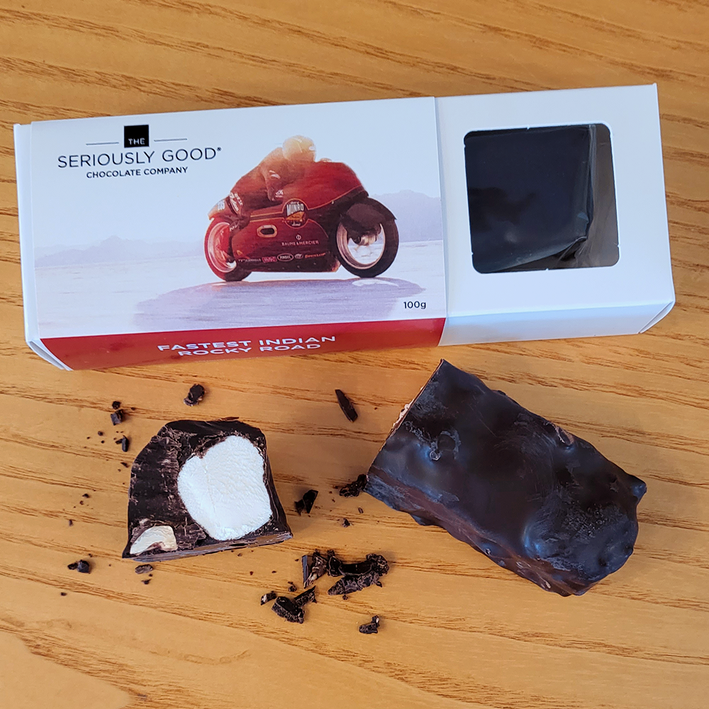 The Seriously Good Chocolate Company Dark Chocolate Rocky Road Box and Log Bar Burt Munro Edition Red