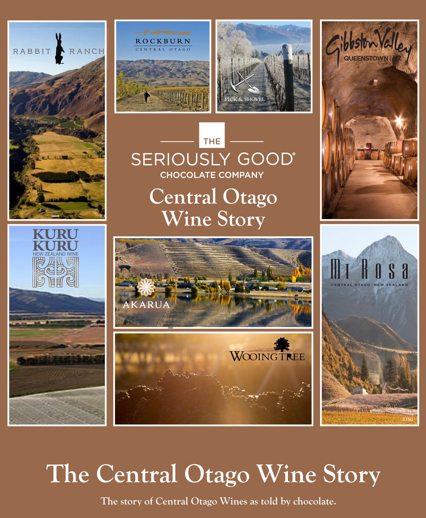 Central Otago Wine Story told by chocolte, made in southland new zealand. Gibbston Vallet Kuru kuru, rockburn, rabbit ranch, wooing tree, mt rose and akarua