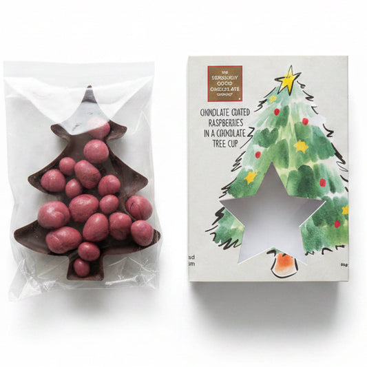 Christmas Tree Chocolate Cup filled with Chocolate Coated Raspberries