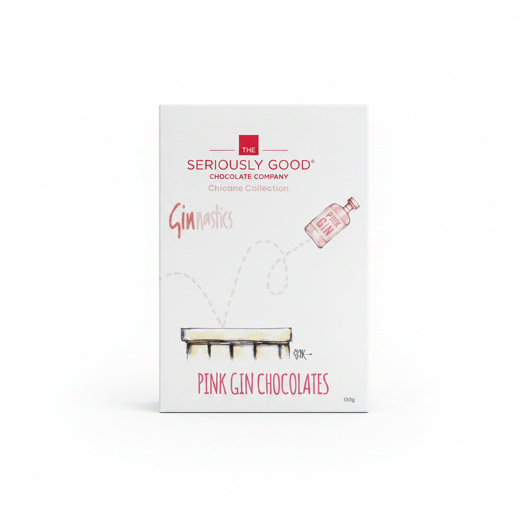 A box of Pink Gin infused chocolate from the Seriously Good Chocolate Company, with artwork featuring a stylized graphic of a gin bottle and text.