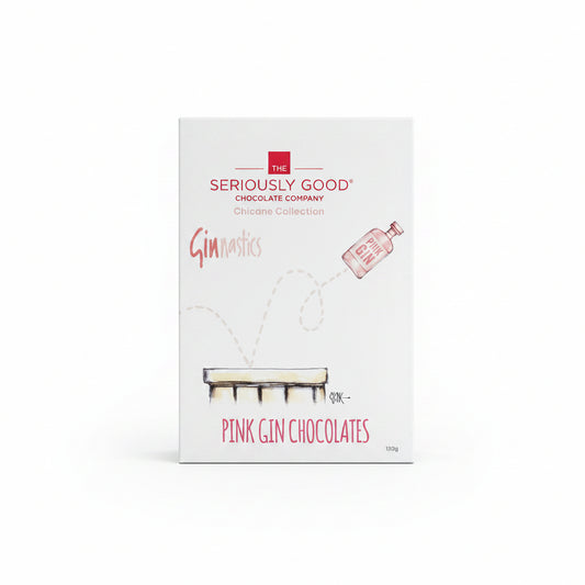 A box of Pink Gin infused chocolate from the Seriously Good Chocolate Company, with artwork featuring a stylized graphic of a gin bottle and text.