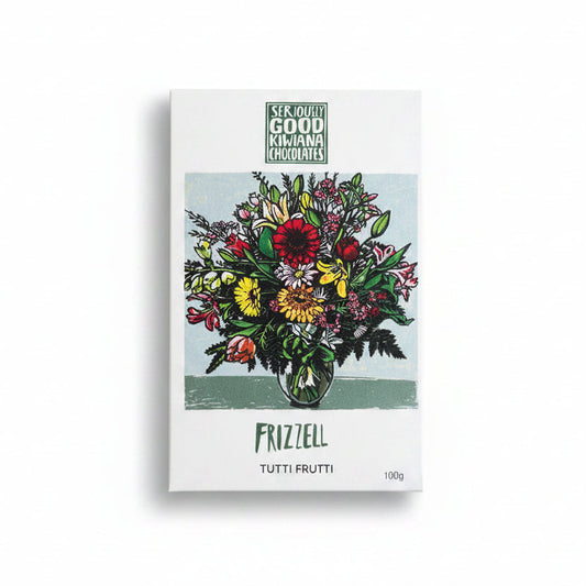 Limited edition chocolate block with artwork by Dick Frizzell, titled 'The Bunch, Tutti Fruiti'. The packaging displays a vibrant, colorful floral design.