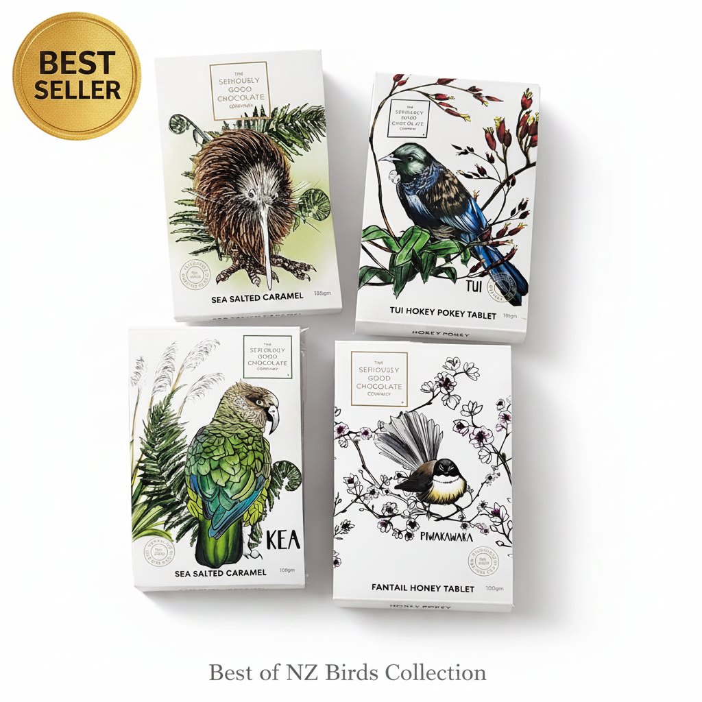 Four boxes from the 'Best of NZ Birds Collection' featuring illustrations of birds and nature.
