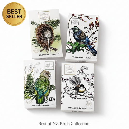 Four boxes from the 'Best of NZ Birds Collection' featuring illustrations of birds and nature.