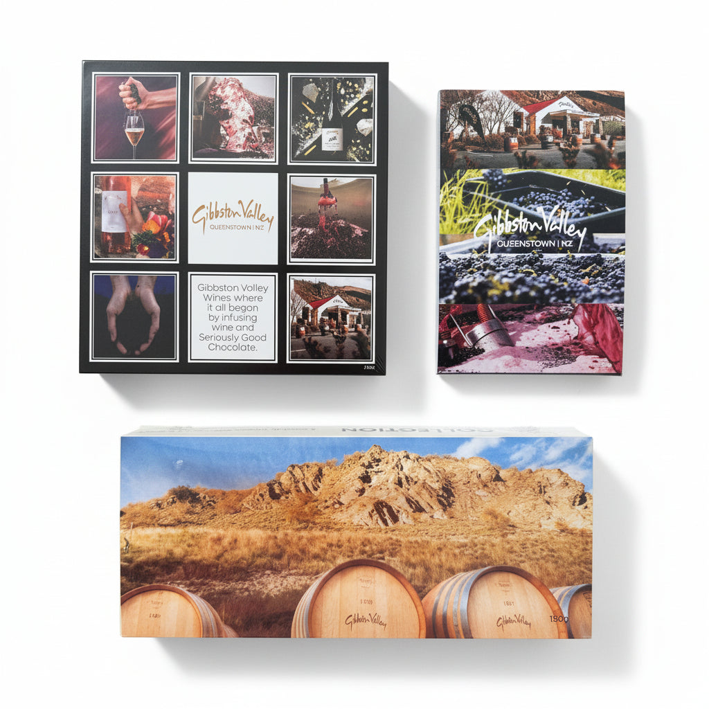 Gift boxes of Gibbston Valley wine featuring images of the winery and wine bottles.