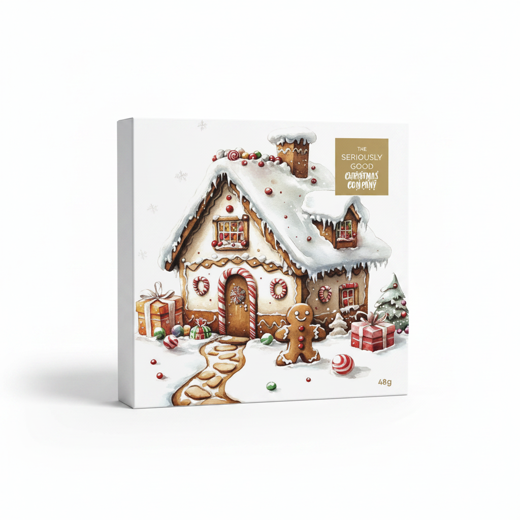 Illustration of a gingerbread house with candy decorations and a gingerbread man, featuring 'The Seriously Good Christmas Company' logo.