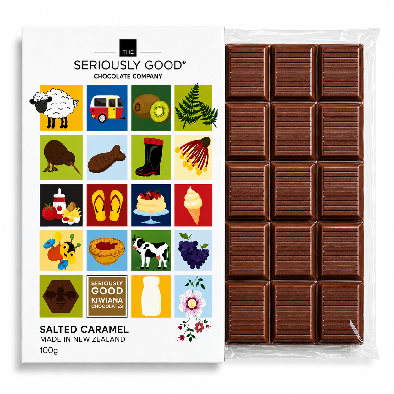 Chocolate bar with packaging featuring illustrations and 'Seriously Good Chocolate Company' branding.