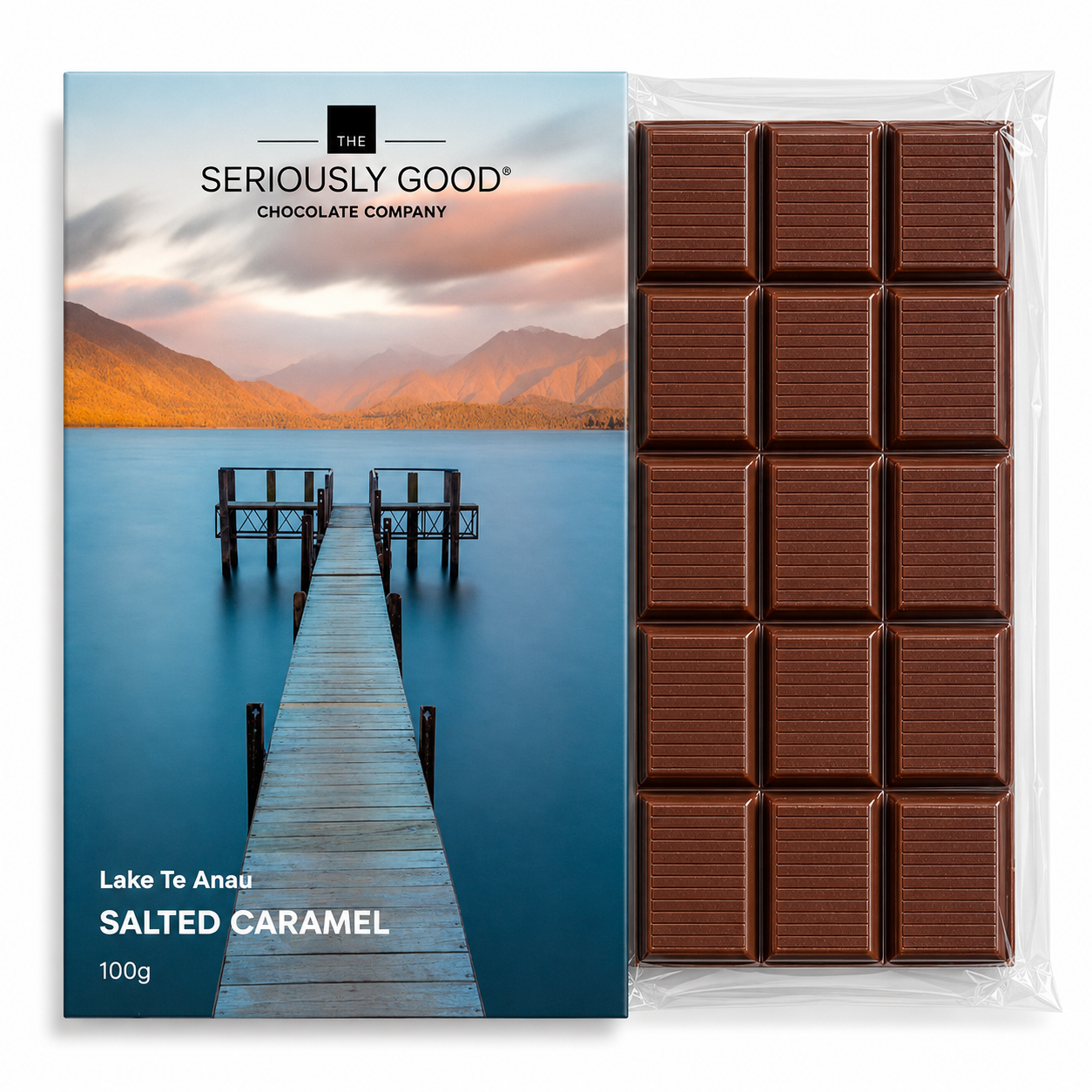 Chocolate bar packaging with a scenic lake Te Anau and dock design, featuring 'The Seriously Good Chocolate Company'.