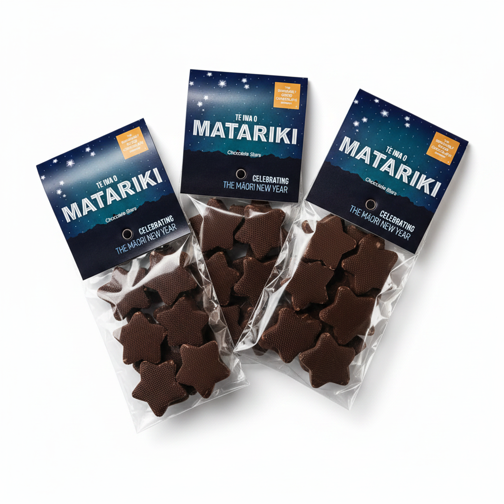 Packages of Matariki chocolate stars on a light blue background