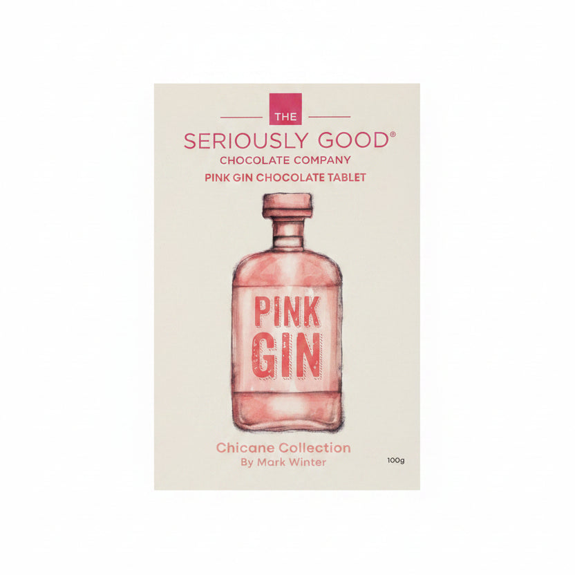  Pink Gin infused Dark Chocolate tablet, with packaging that reads 'Seriously Good.