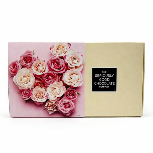 Chocolate box with floral design and 'The Seriously Good Chocolate' branding on a white background