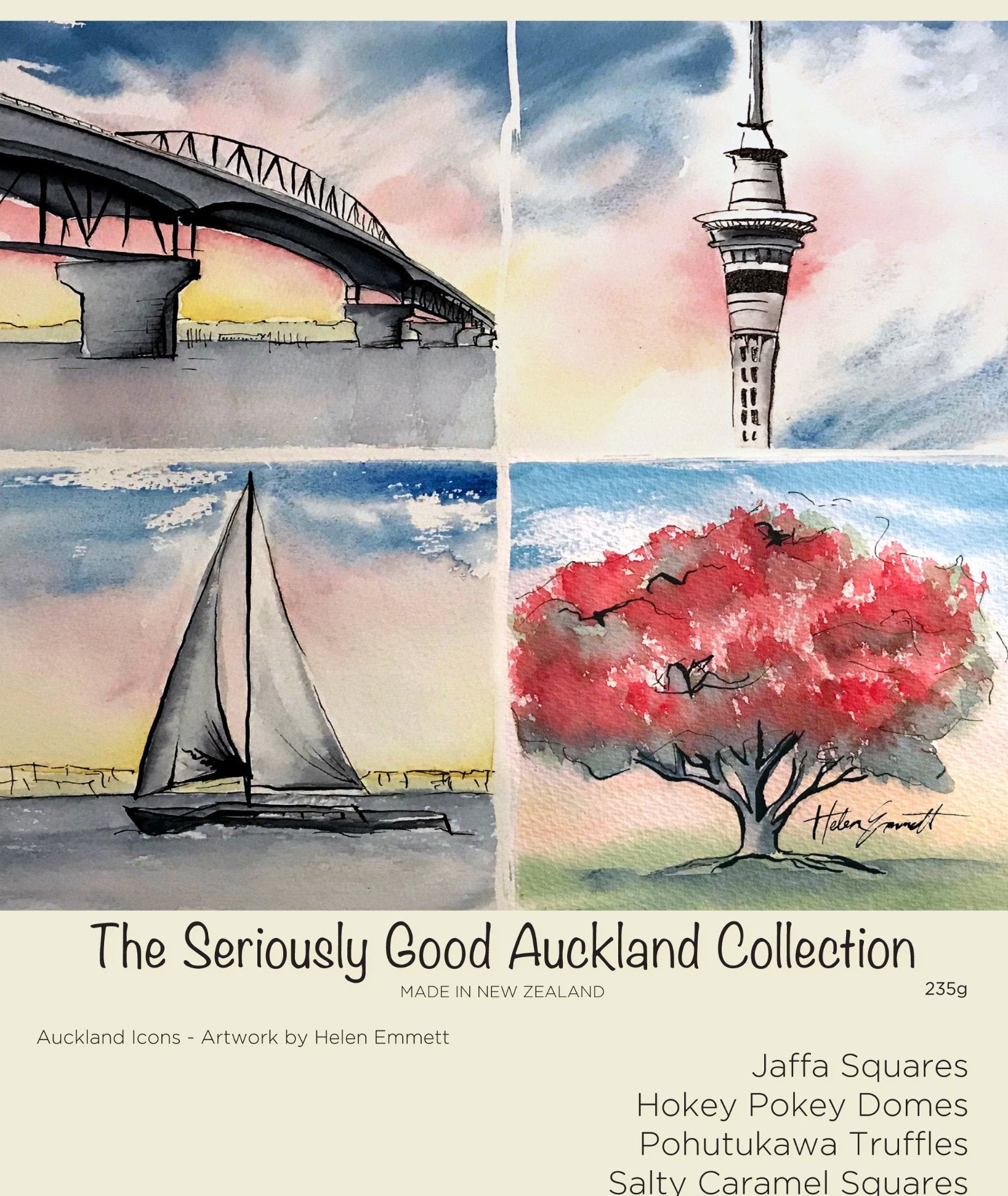 Kiwiana Collection Watercolour Auckland NZ chocolates 16 box