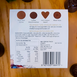 Back of a Box of The Seriously Good Chocolate Company 4 Piece Indulgent Artisan Chocolates Botanica Collection Handmade in Southland NZ showing product/nutritional information May contain traces of nuts