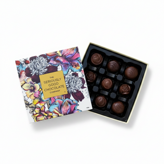 Open Box of The Seriously Good Chocolate Company 9 Piece Indulgent Artisan Chocolates Botanica Collection Handmade in Southland NZ decorated with blue, pink & red flowers plus chocolates