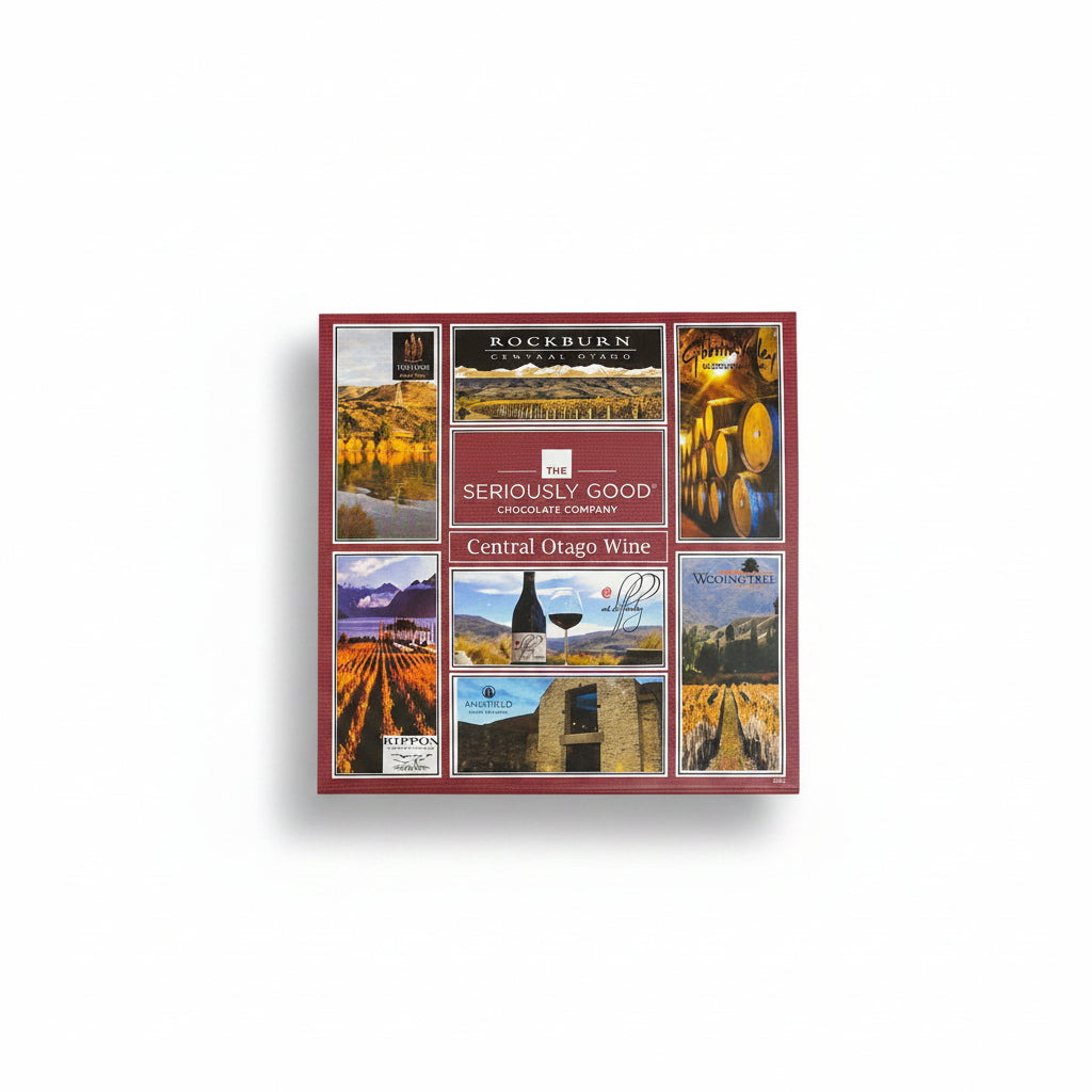 A box of assorted chocolates and truffles with an infographics panel showcasing Central Otago wine vineyards.