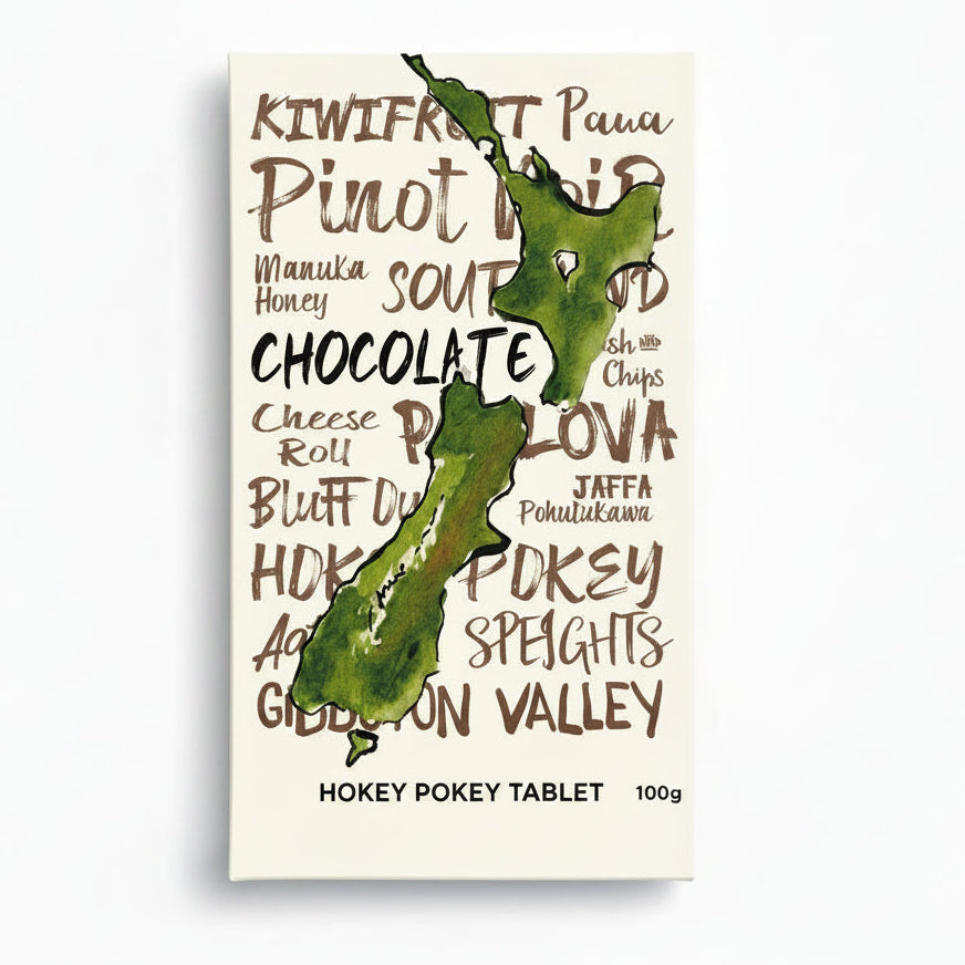Packaging of Hokey Pokey Chocolate Tablet which features a map of New Zealand and text highlighting the chocolate's kiwi and rugby themes.