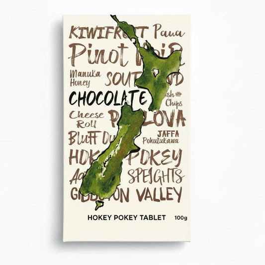 Packaging of Hokey Pokey Chocolate Tablet which features a map of New Zealand and text highlighting the chocolate's kiwi and rugby themes.