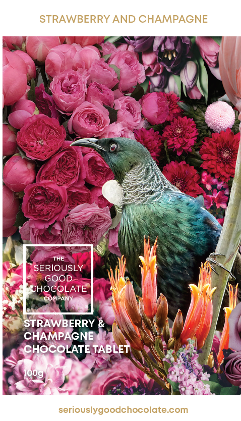 New Zealand Native Bird Tui with flowers in bloom Seriously Good Chocolate Company Strawberry & Champagne flavour Tablet Packaging