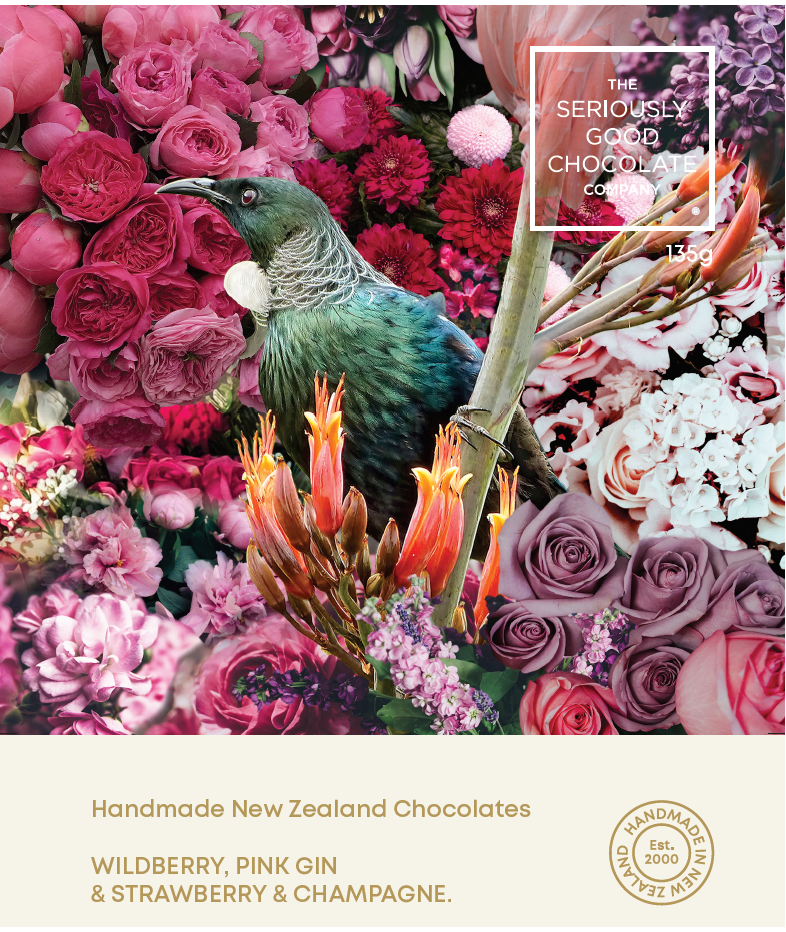 Blooming native new zealand birds chocolate with floral background - boutique handmade in southland
