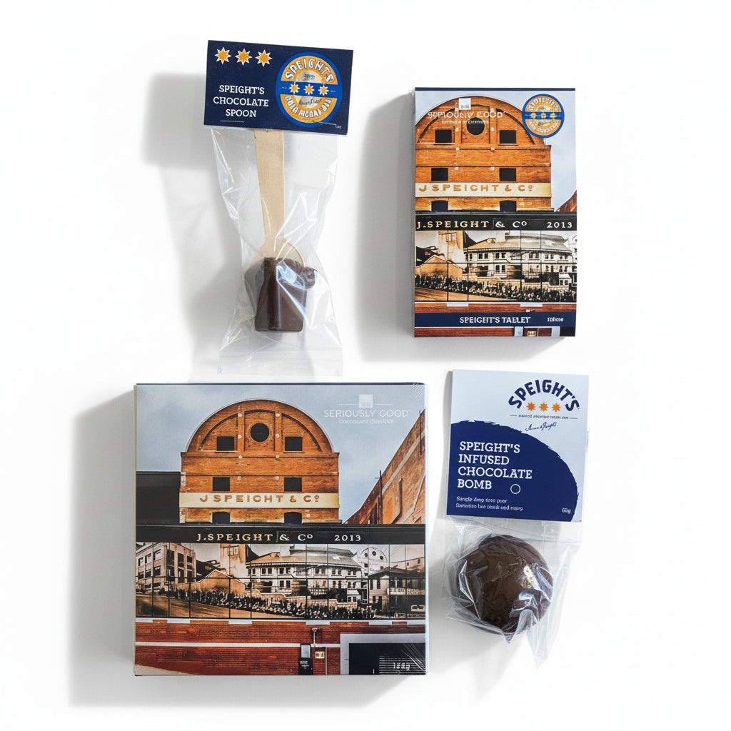 Packaging of Speight's beer infused products featuring a chocolate spoon, beer bomb, and tablets, with a background image of a Speight's brewery.